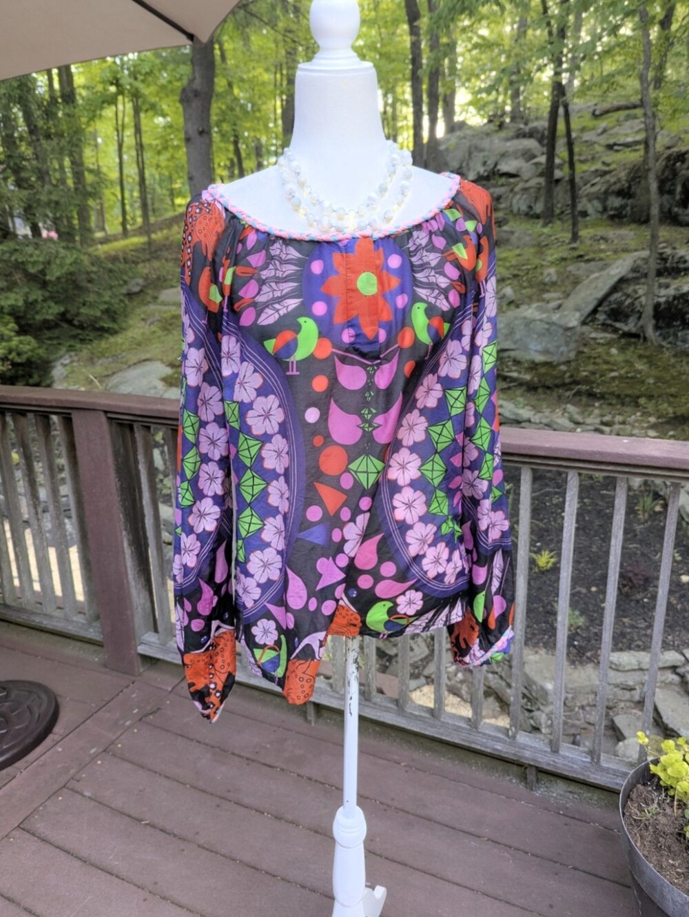 Silk Cotton Blend Vibrant Floral & Bird Boho Tunic - Purple, Green, Orange